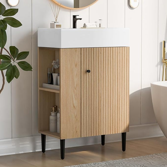 Virubi 21.6 in Small Bathroom Vanity with Sink,Doors and Storage Shelves,Wood Modern Single Fluted Bathroom Sink Cabinet Freestanding (Natural Wood,Left Shelf)