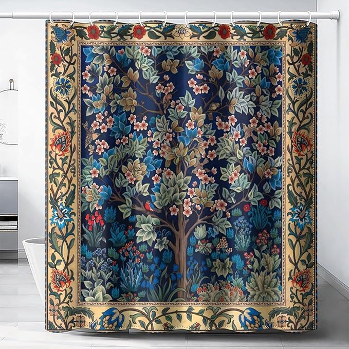 Boho Shower Curtains William Morris Art Retro Design Flower Trees Pattern Printed Shower Curtains 66""×72"" Inch, Style