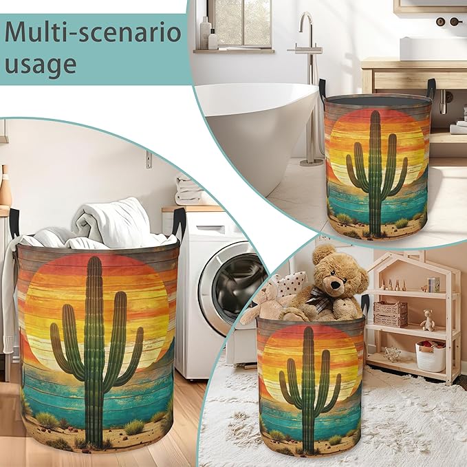 Tropical Cactus Laundry Basket With Handles Tote Bag Oxford Cloth Funny Laundry Hamper Clothes Storage Bucket Toy Organizer 16" X 20.8"For Bathroom/Laundry/Bedroom