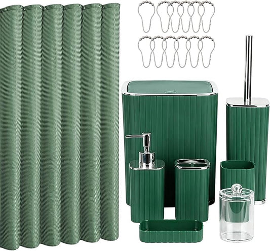 Bathroom Accessories Set - 20PCS Green&Silver Bathroom Set with Shower Curtain, Trash Can, Soap Dispenser, Soap Dish, Toilet Brush, Toothbrush Holder, Tumbler Cup, Q-tip Holders