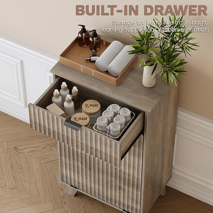 Double Tilt Out Laundry Hamper Cabinet, 20 Gallon Wooden Trash Can Cabinet with Storage Drawers, Hidden Fluted Garbage Can Holder for Kitchen, Living Room (Wood Grey, 20.47"W x 35.83"H x 13"D)