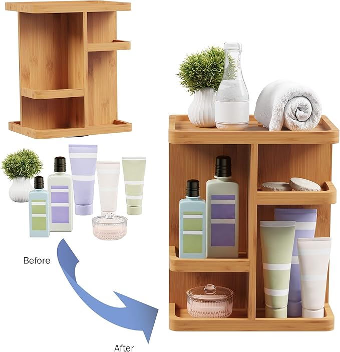 Makeup Organizer - Rotating Eco-Friendly Compact Modern Bamboo Skincare Cosmetic and Vanity Carousel for Bedroom, Bathroom, and Dorm by Lavish Home