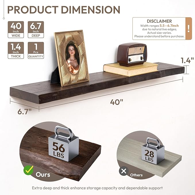 Marsmiles 40 inch Floating Shelves for Wall Elm Wood Live Edge Shelves Wall Mounted|Rustic Long Floating Shelves with Invisible Bracket for Bathroom Living Room Kitchen|Walnut, 1 Pack