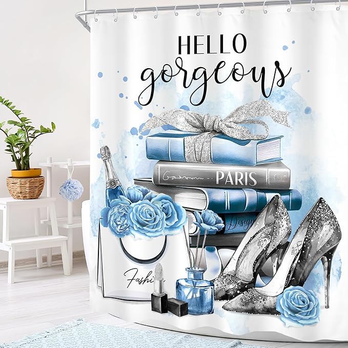 Cinbloo Girly Blue Shower Curtain 60Wx72H Silver Fashion Shower Curtain Women Girls Gray Teal Flower Perfume Bathroom Curtain Set High Heels Magazine Books Floral Bathroom Decor Fabric with 12 Hooks