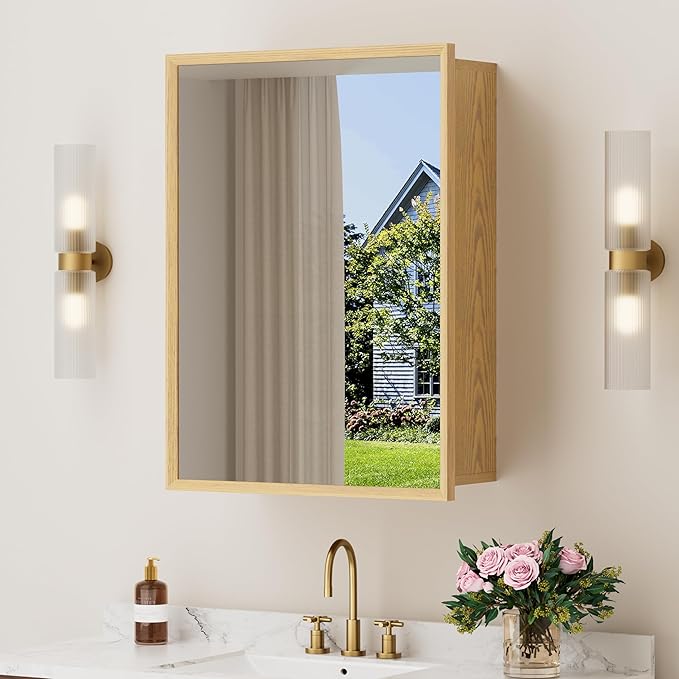 20x28 Inch Wood Medicine Cabinet with Mirror, Surface or Recessed Mounted Bathroom Cabinets with Adjustable Shelves, Soft-Close Hinges, Wall Mounted Cabinet for Storage
