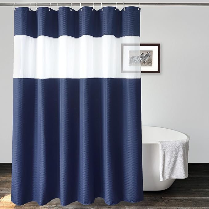 UFRIDAY Waffle Weave Fabric Shower Curtain with Mesh Window, Heavy Duty Decorative Bathroom Curtain with White Pique Pattern, Spa-Like Hotel Luxury, Water-Repellent,72 x 72 Inches