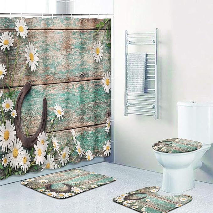 Britimes 4 Piece Shower Curtain Sets, Western Rustic with Non-Slip Rugs, Toilet Lid Cover and Bath Mat, for Bathroom Decor Set, 72" x 72"