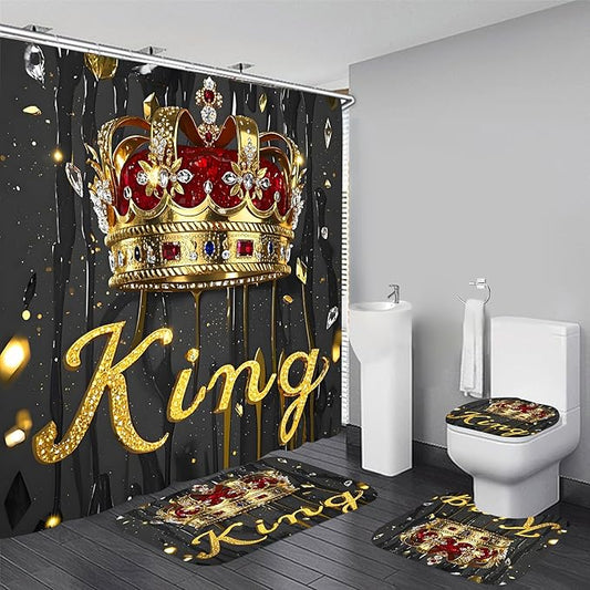 AZHM Golden Crown Print Shower Curtain Set 4 PCS Glitter Crystal Bathroom Decor with Shower Curtain and Rugs