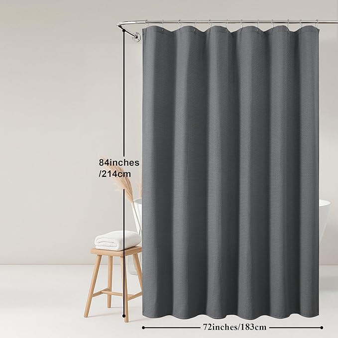OWENIE Grey Shower Curtain 84 Inches Extra Long, Waffle Weave Heavy Fabric Shower Curtain for Bathroom, Waterproof Soft Hotel Spa Luxury Elegant Bath Curtains, Machine Washable, Grey, 72x84 Inch