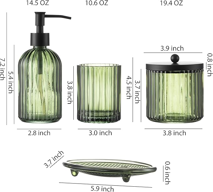 4PCS Olive Green Glass Bathroom Accessories Set, Includes Soap Dispenser, Cotton Jar, Soap Holder Tray & Tumbler, Heavy Weight Embossed Glass Bathroom Decor Set for Home, Apartment & Vanity