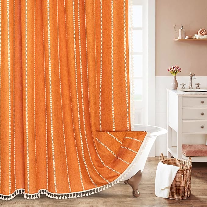 MitoVilla Boho Extra Long Shower Curtain 72 x 96, Orange Modern Farmhouse 96 inch XL Polyester Linen Texture Tassel Fabric Shower Curtain Set with Hooks for Cottagecore Country Bathroom Decor,Orange