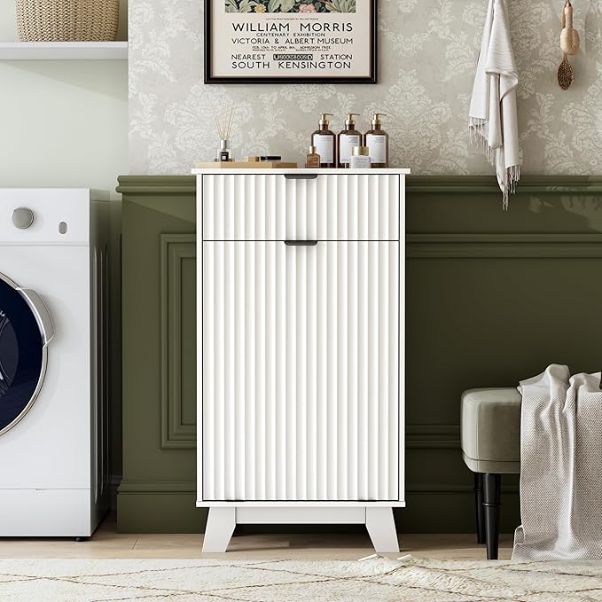 Double Tilt Out Laundry Hamper Cabinet, 20 Gallon Wooden Trash Can Cabinet with Storage Drawers, Hidden Fluted Garbage Can Holder for Kitchen, Living Room (White, 20.47" W x 35.83" H x 13" D)