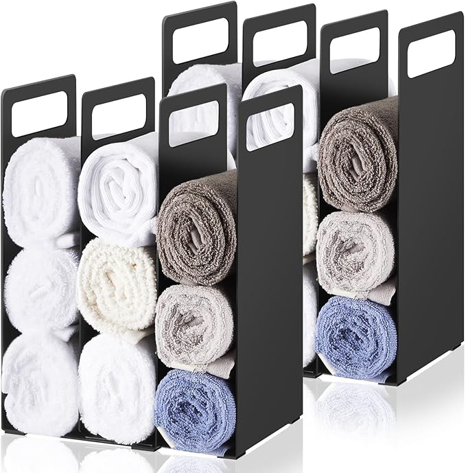 LEIFIDE Set of 4 Interlocking Towel Organizer Metal Bathroom Towel Storage Rack Shelf Dividers Organizers for Closet Home Space Saving (Black)
