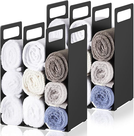 LEIFIDE Set of 4 Interlocking Towel Organizer Metal Bathroom Towel Storage Rack Shelf Dividers Organizers for Closet Home Space Saving (Black)