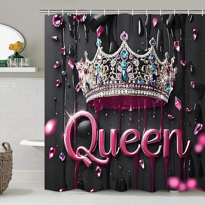 AZHM Pink Crown Print Shower Curtain Set 4 PCS Glitter Crystal Bathroom Decor with Shower Curtain and Rugs