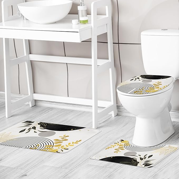 Riyidecor Boho Black Gold 4Pcs Shower Curtain Set with Toilet Lid Cover and Non-Slip Rugs, Mid Century Modern Minimalist Bathroom Decor Set，Abstract Contour and Bath Mat with 12 Hooks