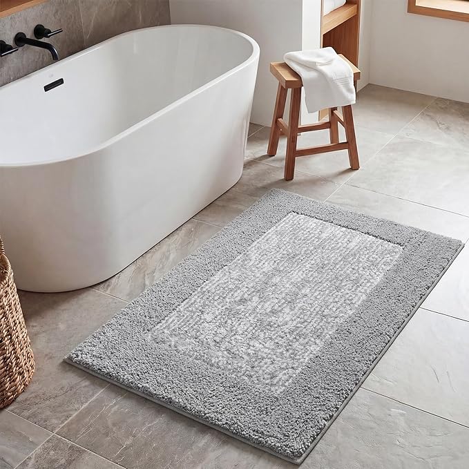 GRANNY SAYS Bathroom Rugs, Bath Mats for Bathroom Non-Slip, Super Soft and Water Absorbent, Microfiber Bath Rugs, Machine Wash Dry, Bath Rugs for Floor, Tub and Shower, 16" x 24" Grey & White