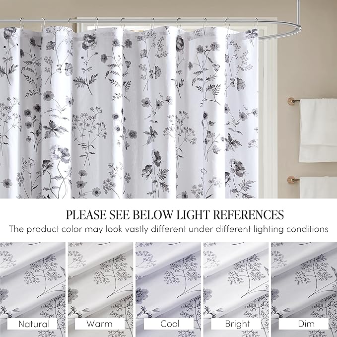Martha Stewart Martha's Garden Shower Curtain Botanical Floral Print Cotton Shower Curtain for Bathroom, Spa Quality Modern Shower Curtains Standard Size, 72x84 Black