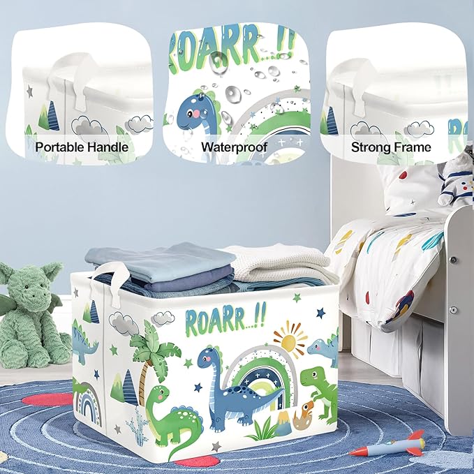 Dinosaur Laundry Hamper Large Storage Basket Cartoon Dino Collapsible Parents Organizer Kids Toy Clothes Bins for Bedroom, Bathroom, Palms, 36L