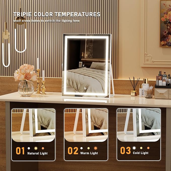 Gvnkvn Vanity Mirror with Lights, 11"× 14" LED Makeup Mirror, Lighted Makeup Mirror with Lights, Smart Touch Control Dimmable 3 Modes Light 360°Rotation White