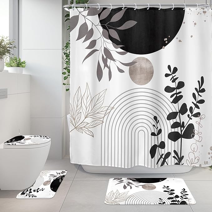 Riyidecor Black White Boho 4Pcs Bathroom Shower Curtain Sets Gray Retro Abstract Leaves Bathroom Decor Set with Rugs and Accessories Modern Neutral Toilet Lid Rug, Contour and Bath Mat with 12 Hooks