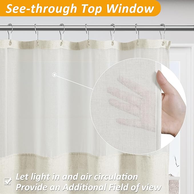 Naturoom Extra Long Shower Curtains 90 Length Natural Linen Fabric Shower Curtain with Snap in Liner Set Tall Bath Curtain with See Through Top Window and Hooks Country Farmhouse Style,Cream,72x90