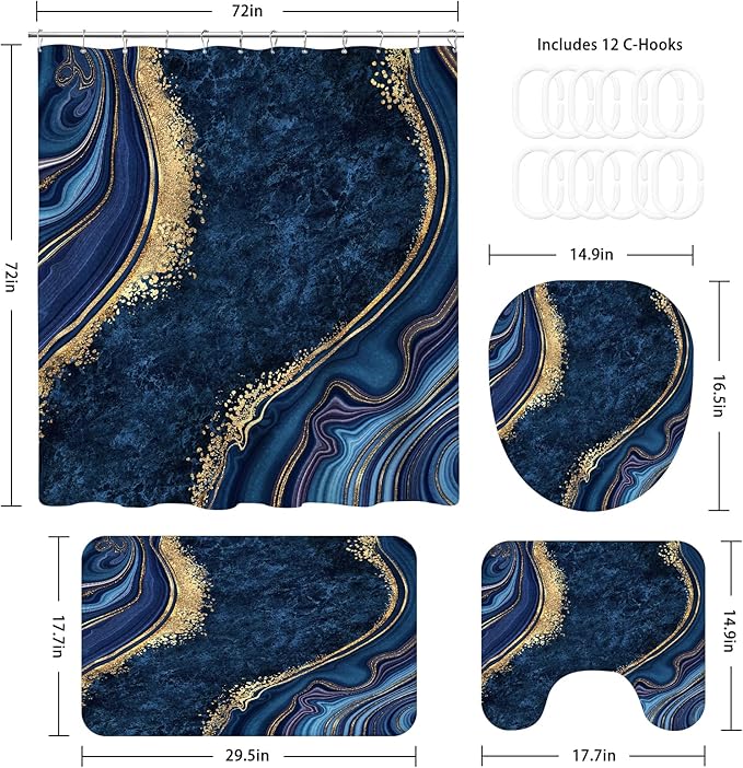 4PCS Navy Blue Gold Marble Bathroom Sets with Shower Curtain and Rugs, Abstract Shower Curtain Sets with Rugs for Bathroom Decor, Modern Bathroom Curtains Shower Set with Toilet Lid Cover