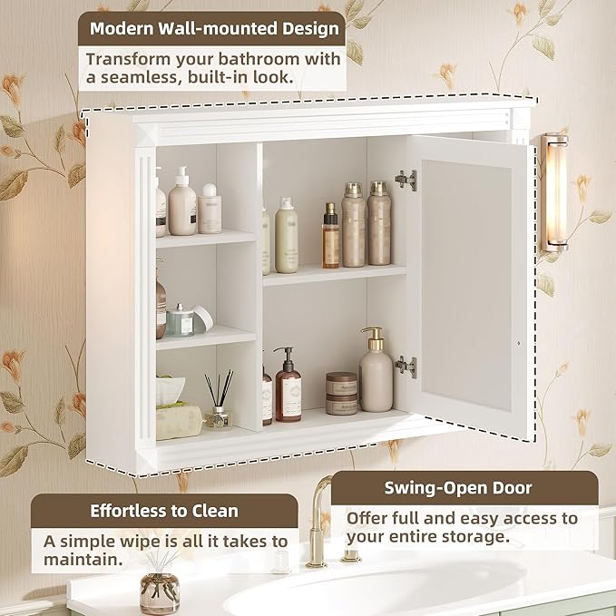Merax Bathroom Medicine Cabinet with Mirror Door & Adjustable Shelf, 42" x 28" Wall Mounted Bathroom Storage Cabinet with Mirror, Over The Toilet