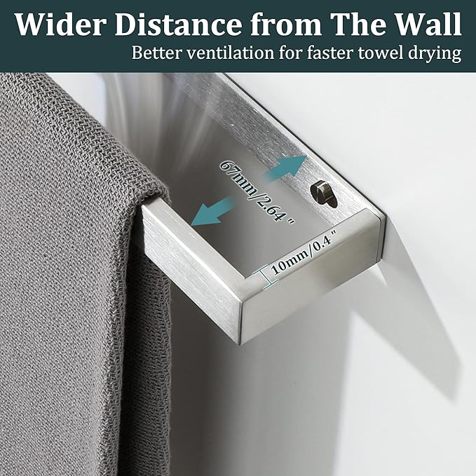 Sayayo Brushed Nickel Towel Bar for Bathroom Wall, 10 Inch Hand Towel Holder, Screw or Self Adhesive Towel Ring Square SUS304 Stainless Steel, 3.2 Inch Wider Design