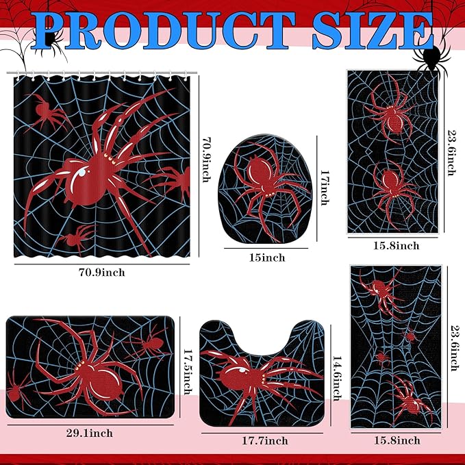Nuanchu 6 Pcs Spider Shower Curtain Set with Rug Bathroom Sets with Shower Curtain Bath Mat U Shaped Mat Toilet Lid Cover 2 Bath Towels and 12 Hooks Spider Bathroom Decor