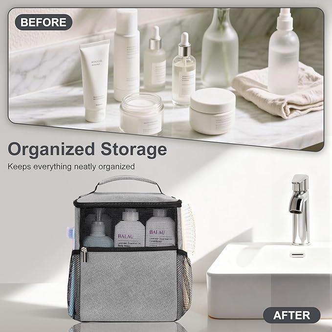Mesh Shower Caddy Hanging Portable, Bathroom Caddy Organizer for College Dorm Essentials, Shower Tote Bag with Built-in Hook for Beach, Swimming, Gym camping (Grey)