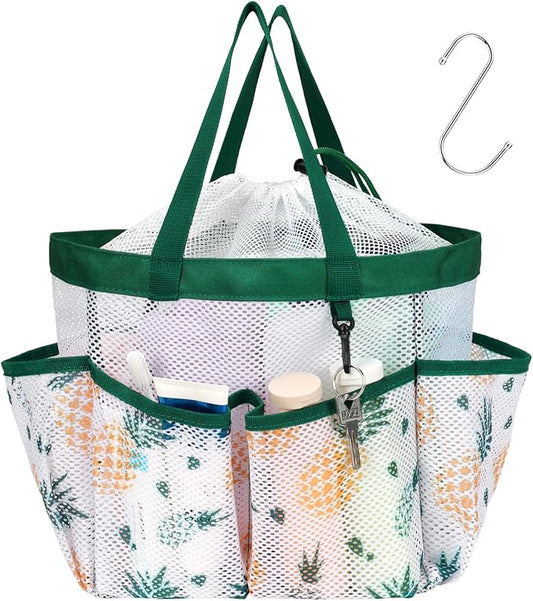 F-color Mesh Shower Caddy Portable with Drawstring - Large 8 Pockets Dorm Room Essentials for Guys Girls with S Hook, Shower Bag Basket Tote for College Camping Gym Travel Bathroom, Green Pineapple