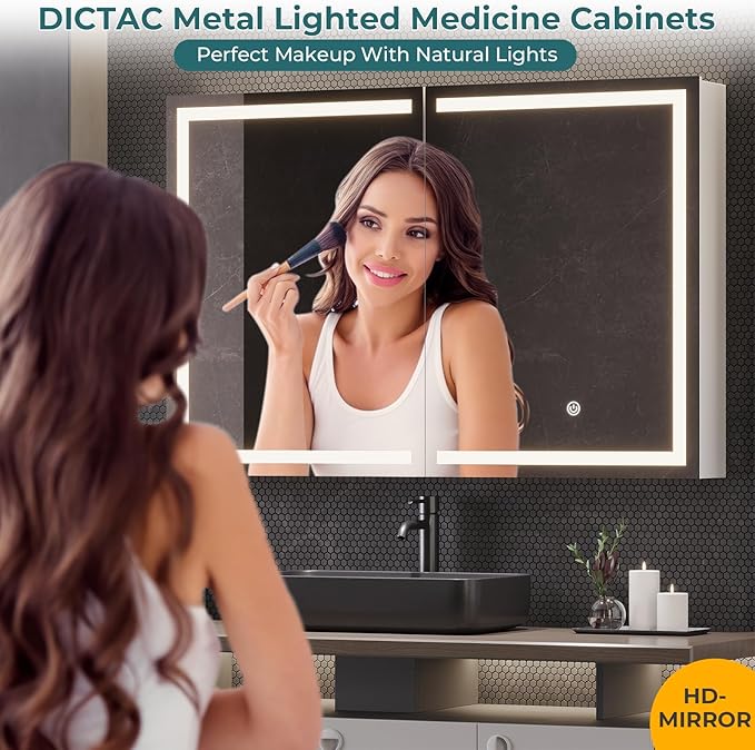 DICTAC Medicine Cabinet with Mirror and LED Light, Wall Mounted Bathroom Mirror with Storage, 3 Doors Bathroom Wall Cabinet, Memory Dimmable 3 Color Temp, Adjustable Shelves, 35.4''x23.6''