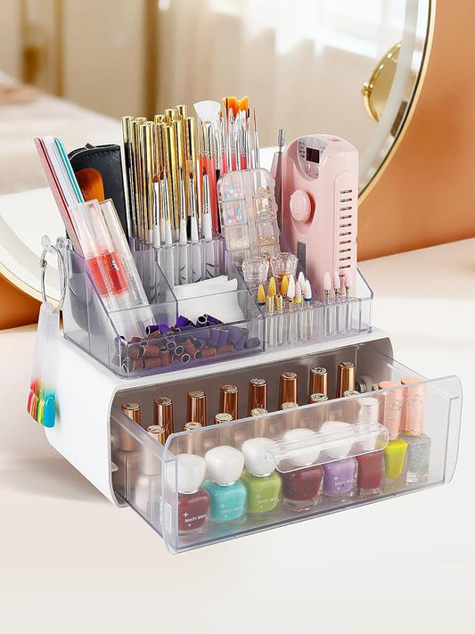 LIARTY Nail Drill Holder with Drawer: Acrylic Nail Drill Bits Holder Makeup Organizer Case for Brush - Beauty Cosmetic Storage Box for Dresser Countertop and Bathroom Vanity