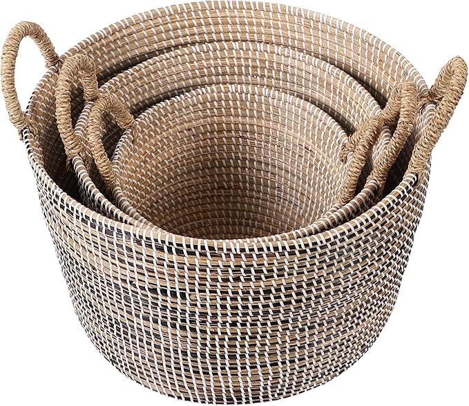 3-Piece Handwoven Seagrass Storage Basket Set with Handles, Large/Medium/Small Wicker Organizer for Laundry, Towels, Toys & Home Decor, Natural Brown