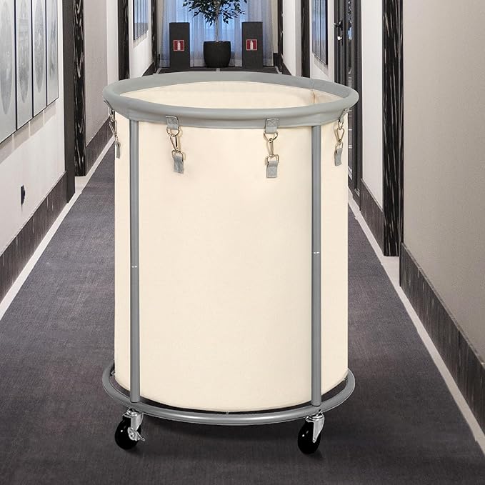 STO STO Rolling Laundry Hamper with Wheels – 185L (48 Gallon) Extra Large Industrial Clothes Laundry Basket with Removable Bag, Round Cart Sorter for Bedroom, Hotel, Beige & Gray