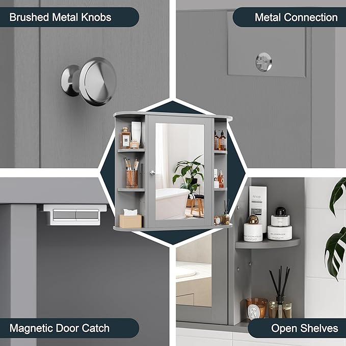 DL-win Bathroom Medicine Cabinet with Mirror, Wall Mounted Home Storage with Door, Over The Toilet Space Saver Storage Cabinet, Bathroom Cabinet Wall Mounted, Grey