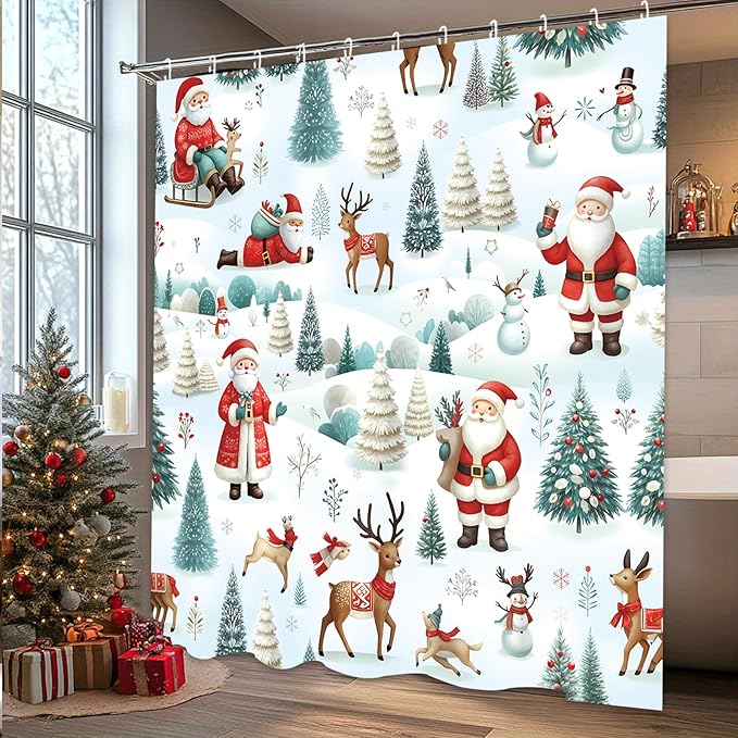 Christmas Shower Curtain，Santa Claus Castle Reindeer Shower Curtain，Winter Pattern Holoday Shower Bathroom Decor For Bathroom ，72x72 Inch Waterproof Polyester Insulated Home Decor Set With Hooks
