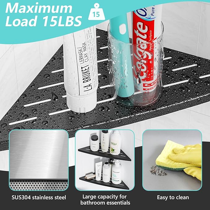 Qeke Corner Shower Shelf Matte Black, 304 Stainless Steel 11.5” Recessed Corner Shelf Bathroom for Tiled Wall, Floating Shower Shelves Shampoo Holder, No Drilling, 2 Pack