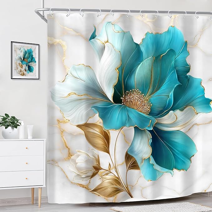 Riyidecor Teal Gold Marble Floral Shower Curtain for Bathroom Decor 72Wx72H Turquoise Abstract Ombre Flower Luxury Modern Minimalist Art Printed Fabric Polyester Waterproof 12 Pack Plastic Hooks