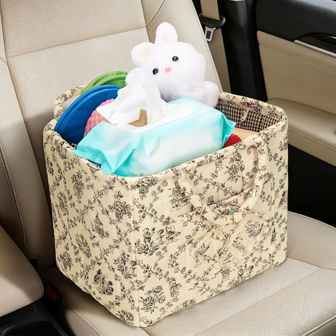 Quilted Fabric Basket Car Storage Basket Boho Floral Laundry Hamper for Nursery Bedroom & Living Room | Organize Clothes Toys