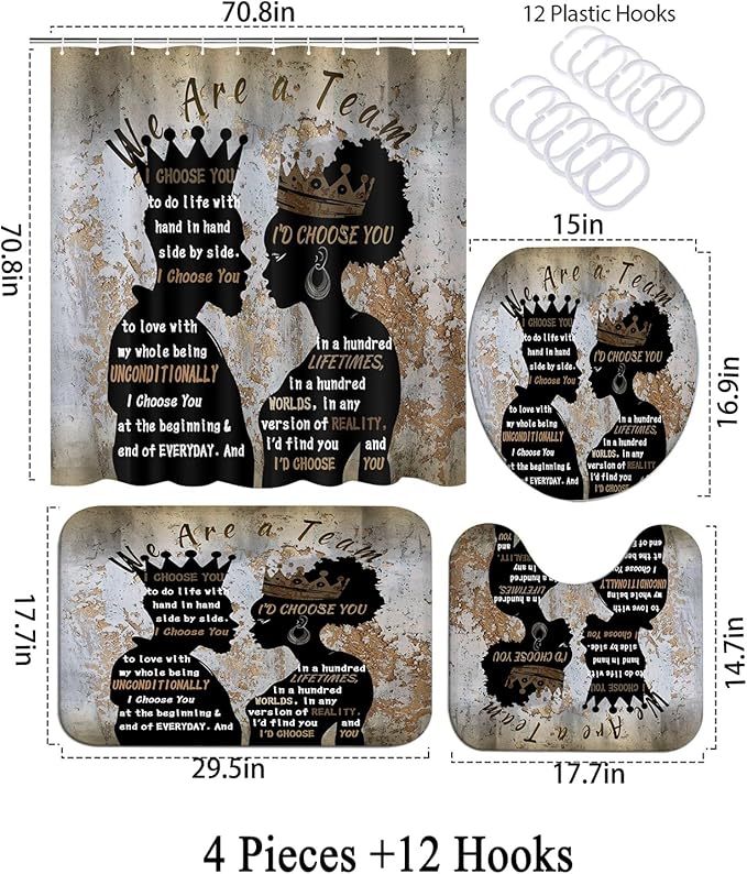 4Pcs Black Man Women Shower Curtain Set with Rugs Toilet Lid Cover Bath Mat, Valentine's Day Romantic Couples Bathroom Decor Sets with Shower Curtain and Hooks, Waterproof Fabric King Queen Sets