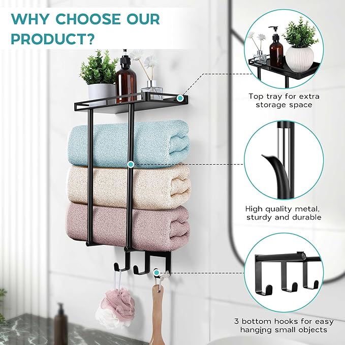 Wall Mounted Towel Racks for Bathroom, Onader 15 Inch Black Bath Towel Holder with Metal Shelf and 3 Hooks