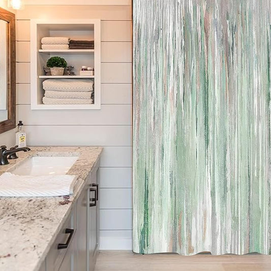 JAWO Small Stall Shower Curtain 47x64 Half Size - Green Abstract Waterproof Fabric Shower Curtains for Bathroom, Cute Modern Aesthetic Abstract Strip RV Camper Narrow Bath Curtain with Hooks