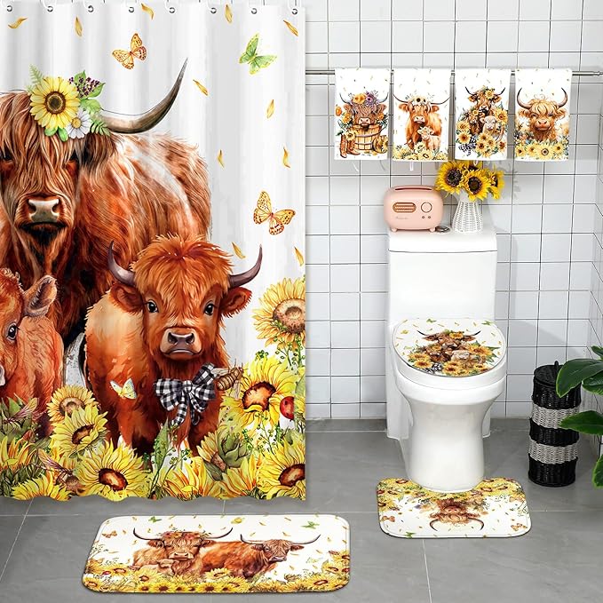 FuWeave 8 Pcs Highland Cow Shower Curtain Sets for Bathroom Sunflower Farm Cattle Shower Curtain Sets Watercolor Floral Bathroom Accessories with Towels Carpet Bath Mat Toilet Rugs and 12 Hooks