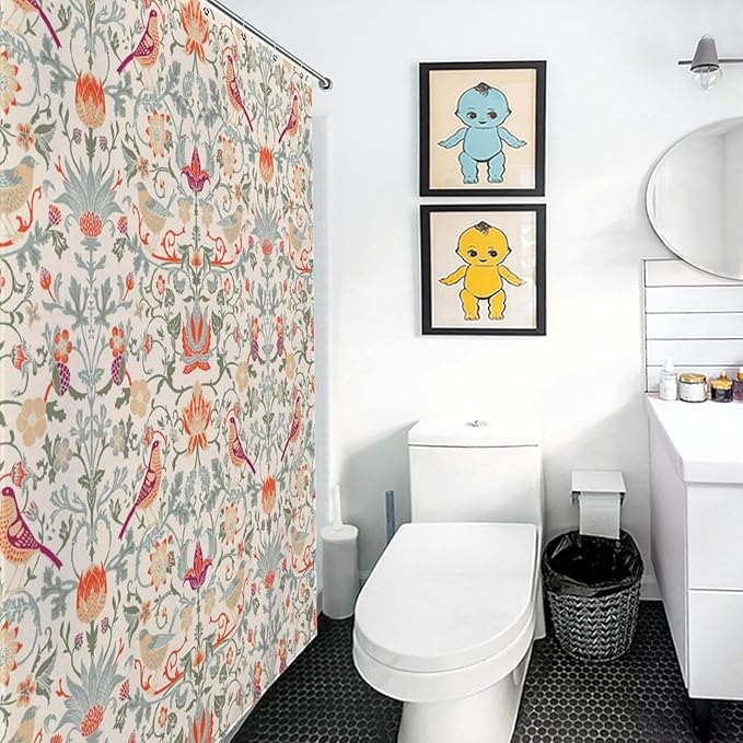 William Morris Flower Shower Curtain,Mid Century Vintage Flower Birds Elegant Animal Pattern Print Shower Curtains Sets Polyester Waterproof Fabric Decor Bathroom Curtain 66"×72" Inch With 12 Hooks