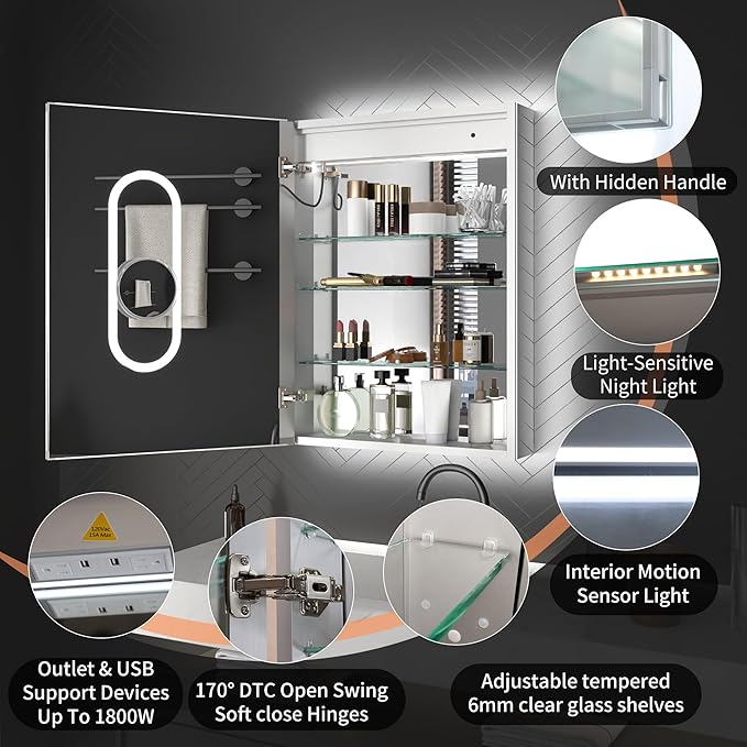 ExBrite 24x32 LED Lighted Medicine Cabinet with Mirror, Front & Backlit, Night Light, Clock & Temp Display, Defog, 5X Magnifier, 3-Color Dimmable LED, Surface or Recessed Mount, Hinge On the Left