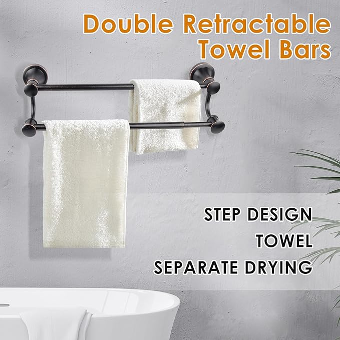 Double Towel Bar, Adjustable 14.96 to 26.57 inches Towel Holder Oil Rubbed Bronze Towel Rack Rustic Towel Hanger Bathroom Wall Mounted