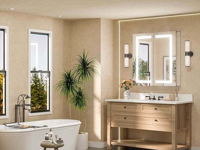 TETOTE 30 x 32 Lighted Medicine Cabinet Mirror for Bathroom with LED Lights, 2 Door Tempered Glass Recessed or Surface Mount Mirrored Cabinet, Outlets & USB, 3-Color Dimming, Defog, Adjustable Shelf