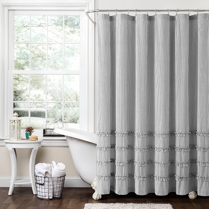 Lush Decor Vintage Stripe Yarn Dyed Cotton Shower Curtain, 72" x 72", Black